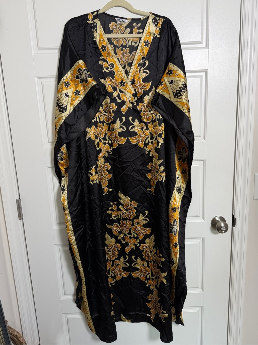 Winlar Bkack & Gold Floral V-Neck Maxi Kaftan Caftan Dress One Size Fits Most